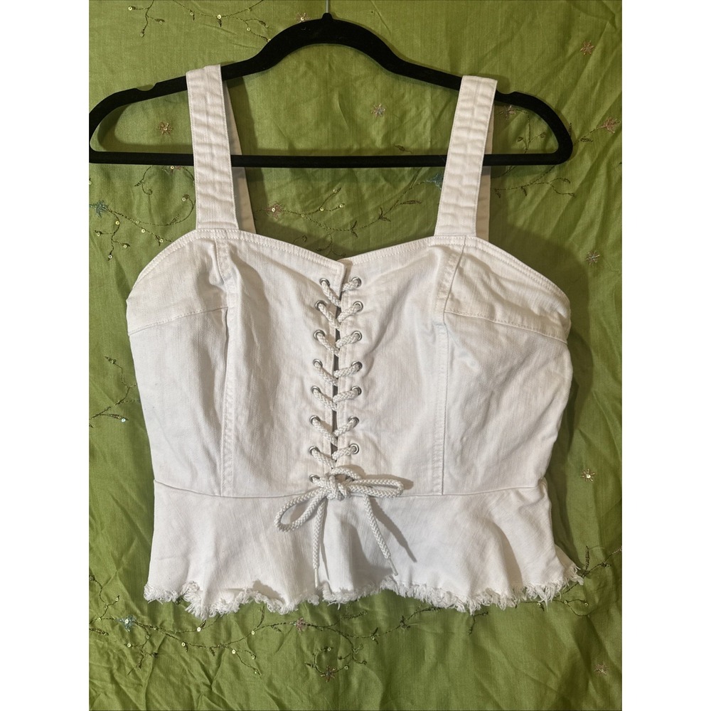 White Denim Corset Jean Lace Up Front Cotton Bustier Peplum Festival 8